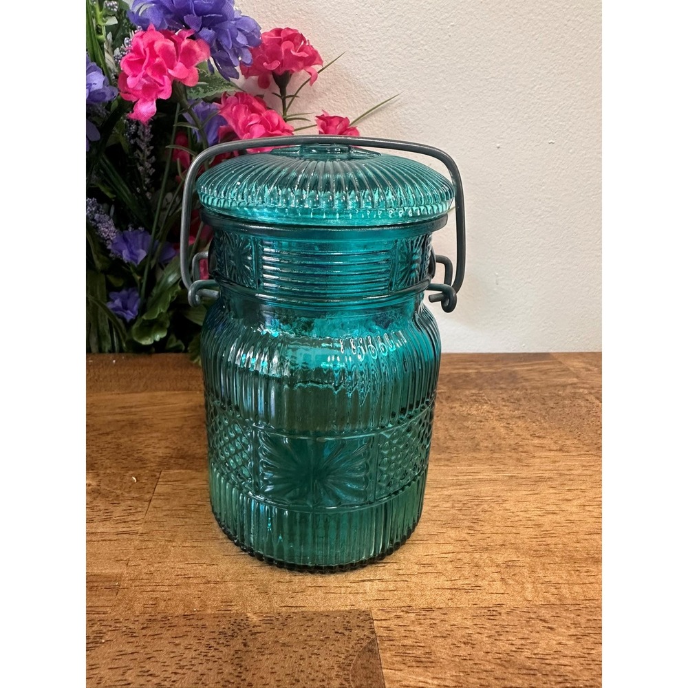 Vintage Avon Teal Blue Glass Jar Wire Handle Textured Retro Storage‎ Container